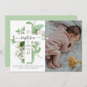 Baptism Christening Cross Greenery Custom Photo Invitation
