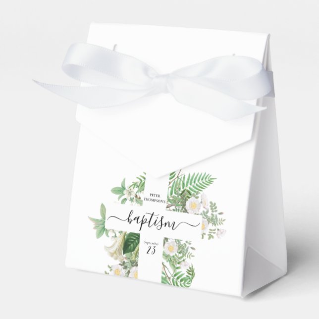Baptism Christening Cross Greenery Gender Neutral Favor Box (Front Side)