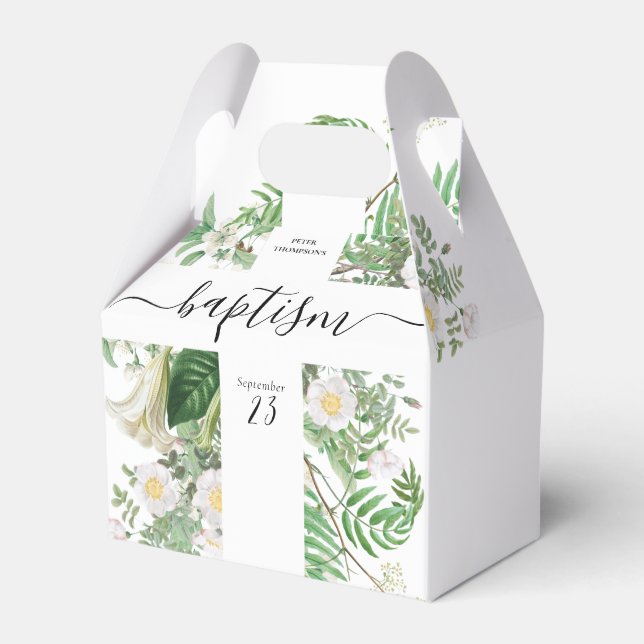 Baptism Christening Cross Greenery Gender Neutral Favor Box (Front Side)