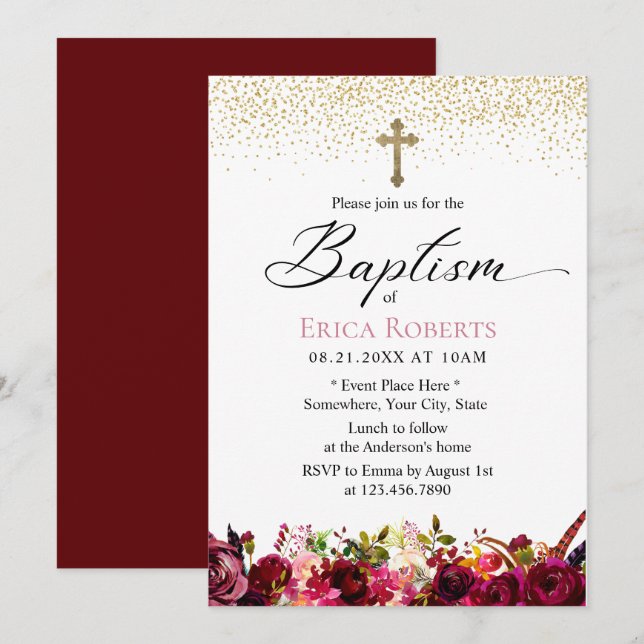 Baptism Christening Elegant Burgundy Red Floral Invitation (Front/Back)