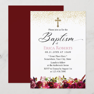 Baptism Christening Elegant Burgundy Red Floral Invitation