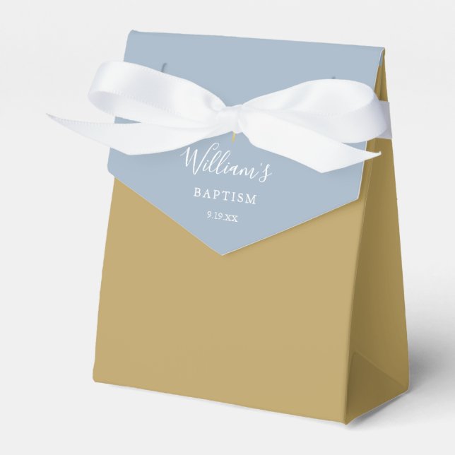 Baptism Christening Elegant Gold Dusty Blue Favor Box (Front Side)
