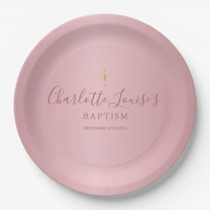 Baptism Christening Elegant Rose Gold Script Paper Plate
