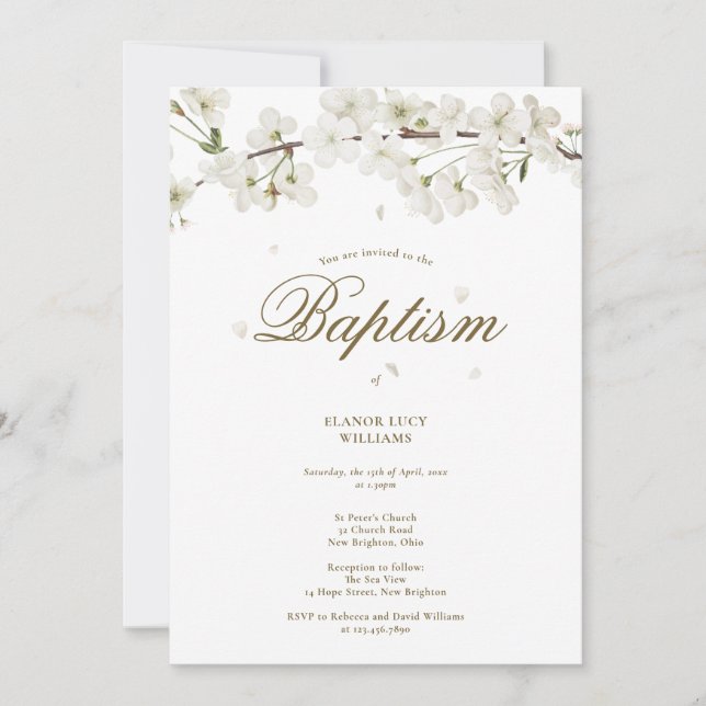 Baptism Christening Elegant White Blossom Floral  Invitation (Front)