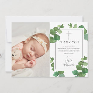 Baptism Christening Eucalyptus Greenery Photo Thank You Card