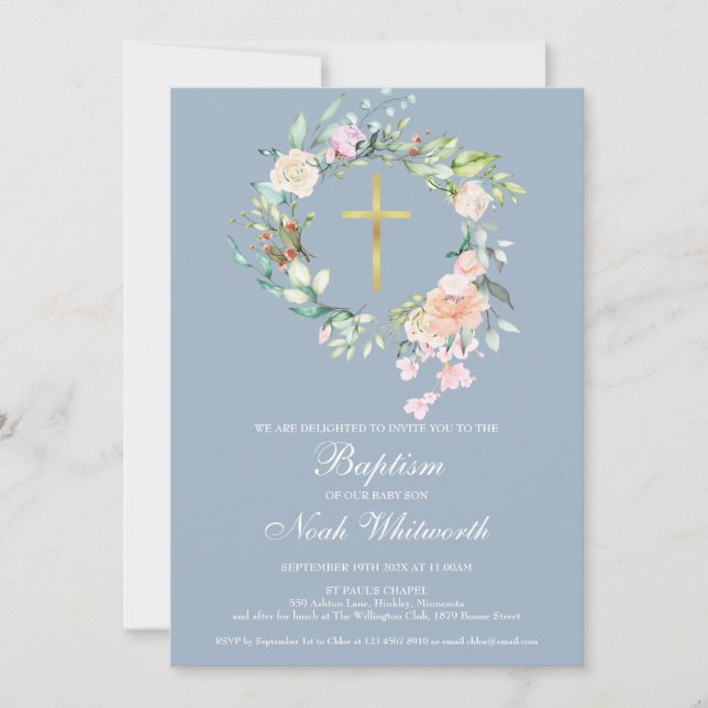 Baptism Christening Floral Garland Dusty Blue Invitation (Front)