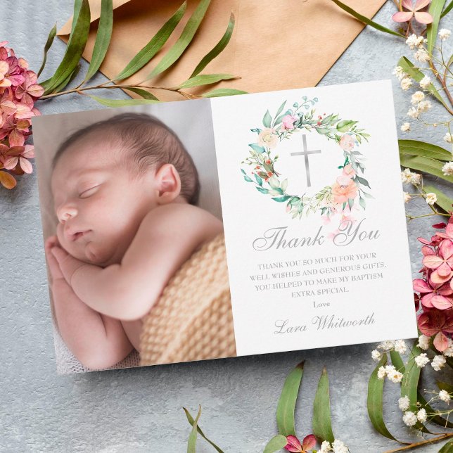 Baptism Christening Floral Garland Photo Thank You Card (Creator Uploaded)