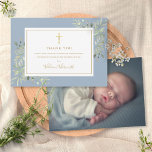 Baptism Christening Foliage Dusty Blue Photo Thank You Card<br><div class="desc">Gold signature baptism christening photo thank you card. Personalize with your photo and special baptism,  christening thank you message in chic gold lettering on this modern elegant dusty blue design. Designed by Thisisnotme©</div>
