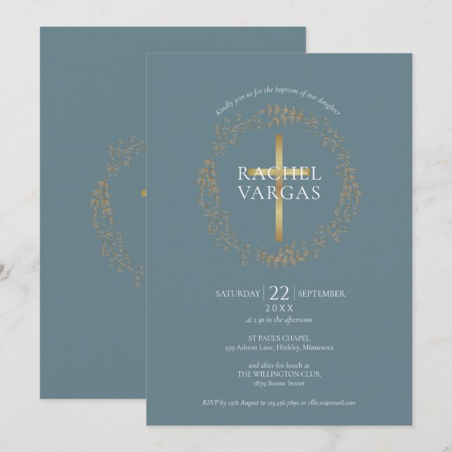 Baptism Christening Gold Cross Floral  Invitation (Front/Back)