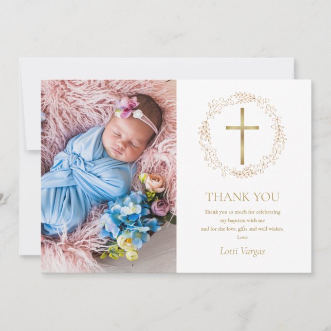 Baptism Christening Gold Floral Garland Photo Thank You Card (Front)