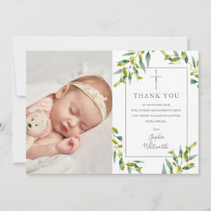Baptism Christening Greenery Foliage Photo Thank You Card