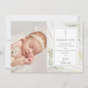 Baptism Christening Greenery Marble Swirl Photo Thank You Card