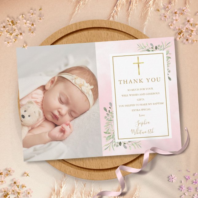 Baptism Christening Greenery Photo Pink Watercolor Thank You Card (Baptism Christening Greenery Photo Pink Watercolor Thank You Card)