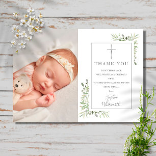 Baptism Christening Greenery Photo Thank You Card