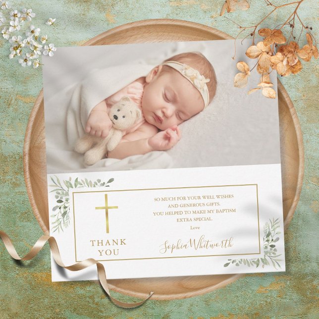 Baptism Christening Greenery Photo Thank You Card (Baptism Christening Greenery Photo Thank You Card)