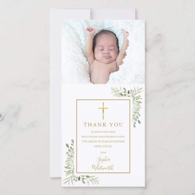 Baptism Christening Greenery Photo Thank You Card (Front)