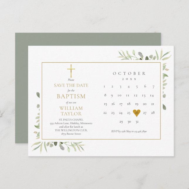 Baptism Christening Greenery Save The Date Announcement Postcard (Front/Back)