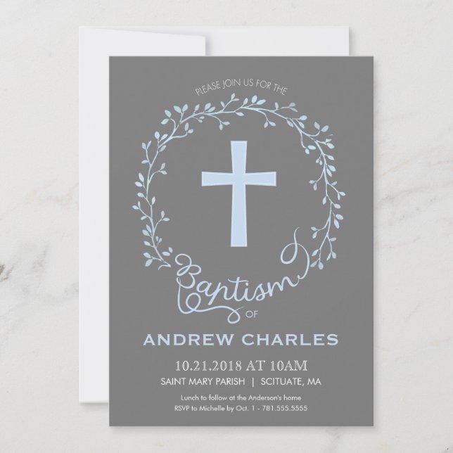 Baptism, Christening Invitation - Baby Boy Invite (Front)