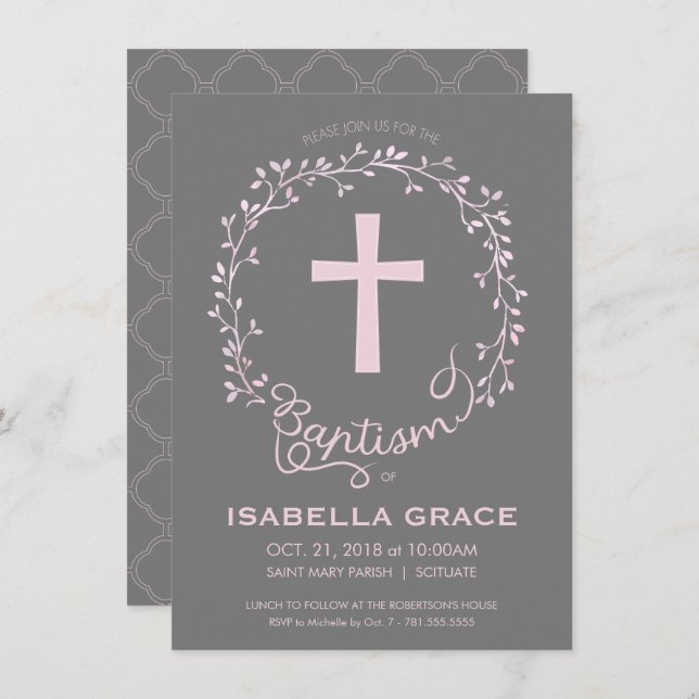 Baptism Christening Invitation - Baby Girl Invite (Front/Back)
