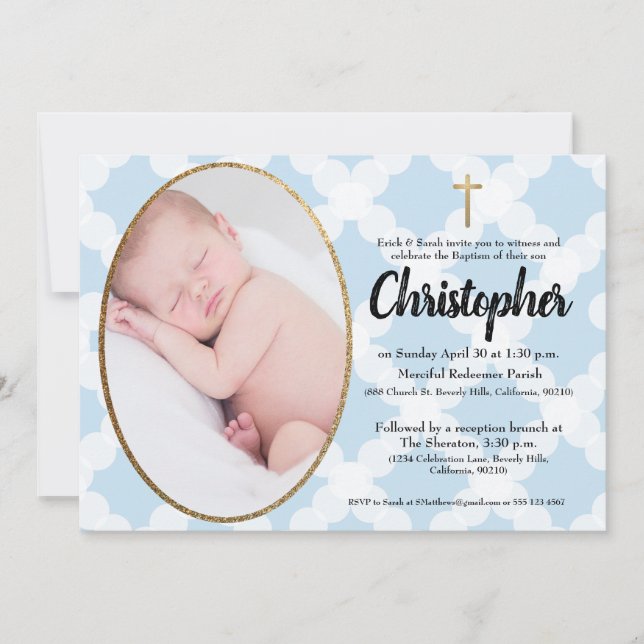 Baptism Christening invitation blue & gold (Front)