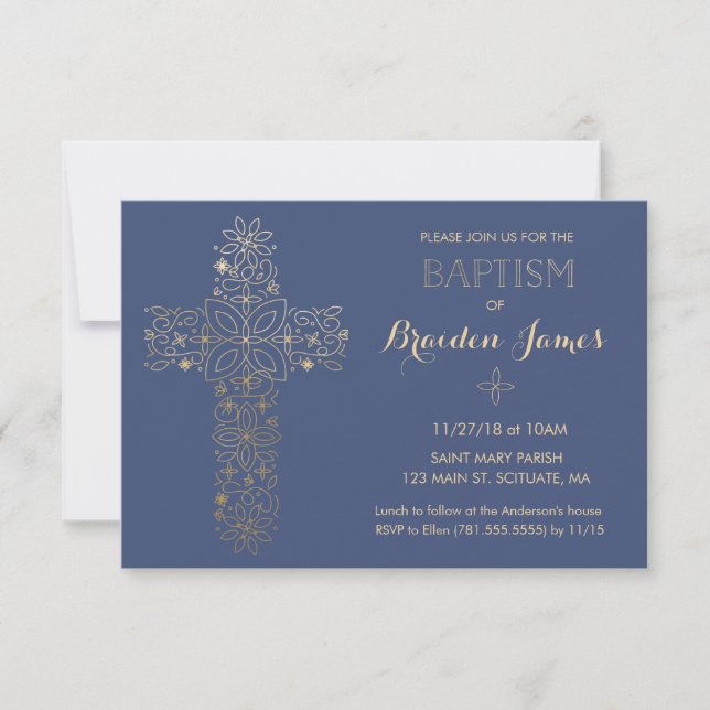 Baptism, Christening Invitation, Gold Cross Invite (Front)