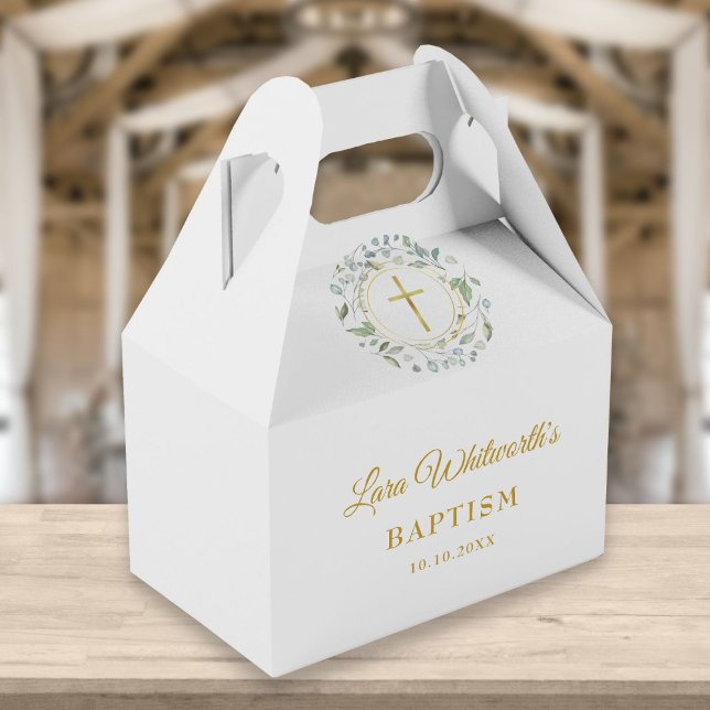 Baptism Christening Laurel Garland Gold Script Favor Box (Creator Uploaded)