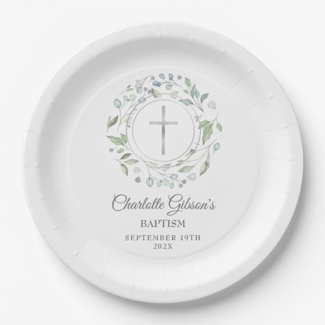 Baptism Christening Laurel Garland Silver Cross Paper Plate (Front)