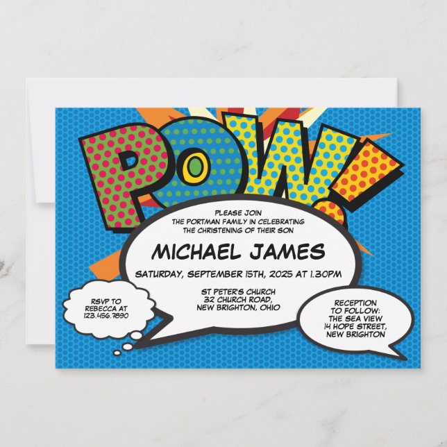 Baptism Christening Modern Fun Blue Comic Invitation (Front)