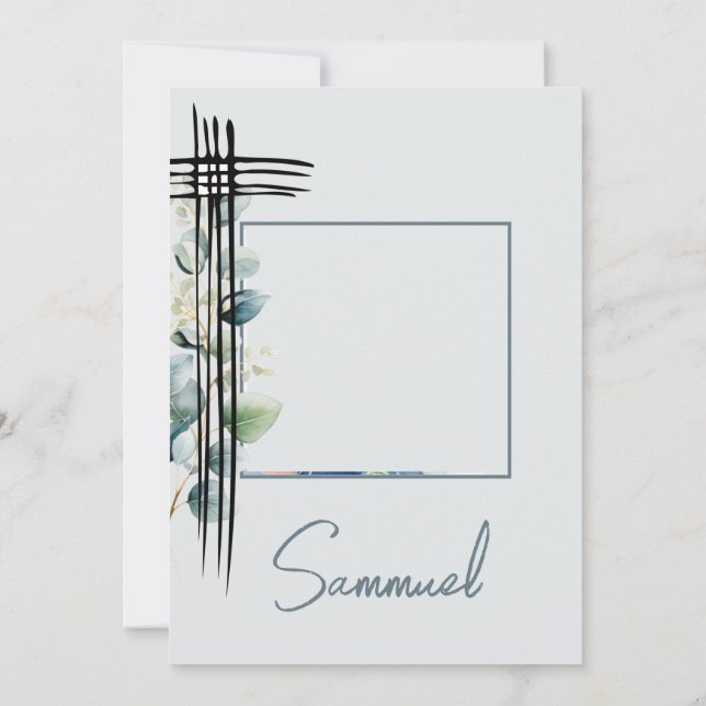 Baptism Christening Photo Male Modern  Blue  Invitation (Back)