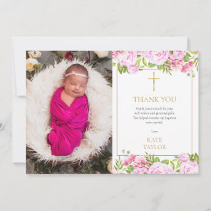 Baptism Christening Photo Pink Rose Floral Thank You Card
