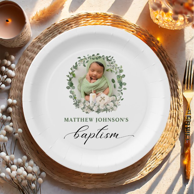 Baptism Christening Photo Roses Floral Paper Plate (Creator Uploaded)