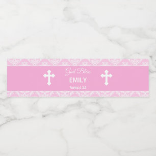 Baptism Christening Pink Bottle Girl Damask Water Bottle Label