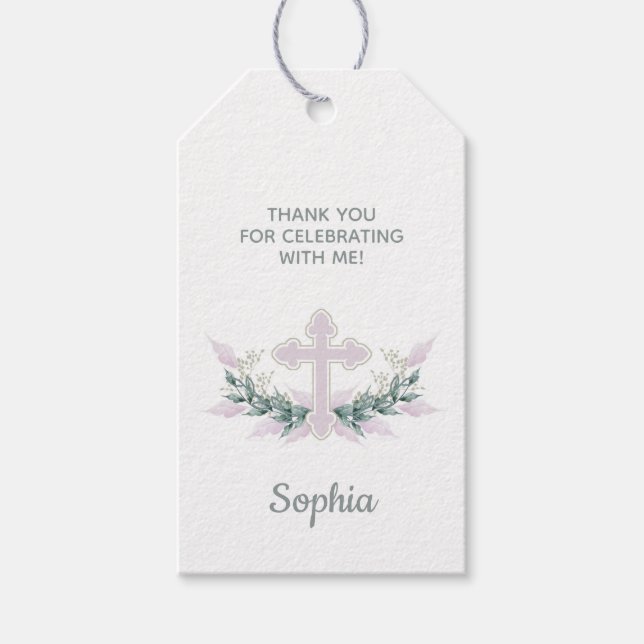 Baptism, Christening Pink Cross Favour Gift Tag (Front)