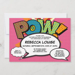 Baptism Christening Pink Fun Modern Comic Book Invitation