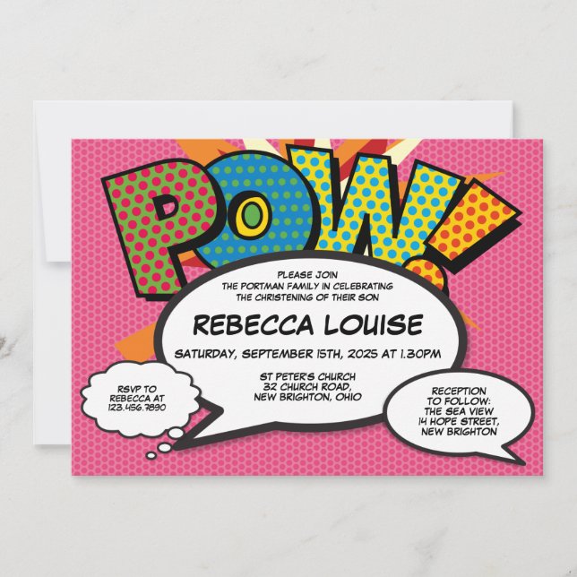 Baptism Christening Pink Fun Modern Comic Book Invitation (Front)