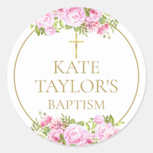  Baptism Christening Pink Rose Floral Favour Classic Round Sticker