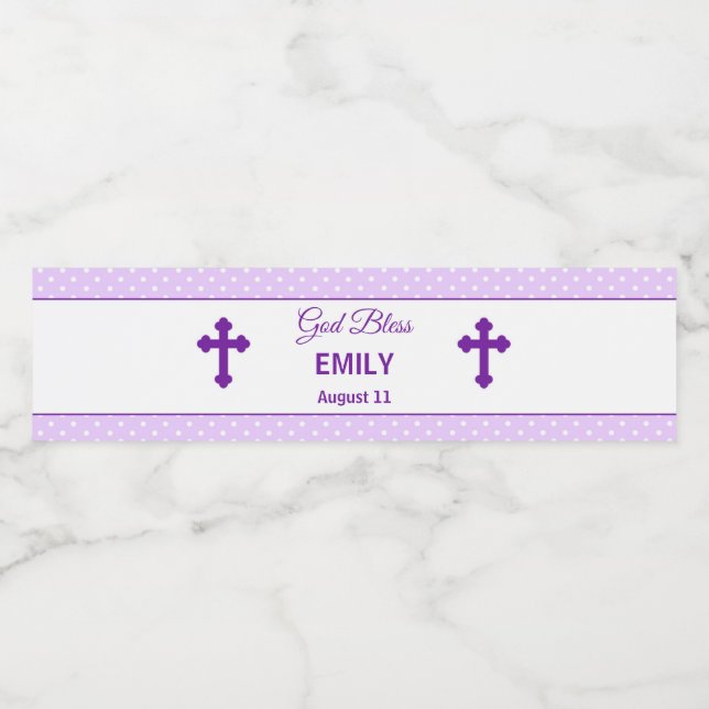 Baptism Christening Purple Bottle Purple Polka Dot Water Bottle Label (Single Label)