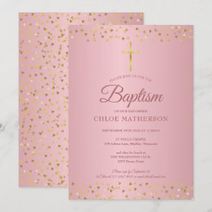 Baptism Christening Rose Gold Hearts Invitation