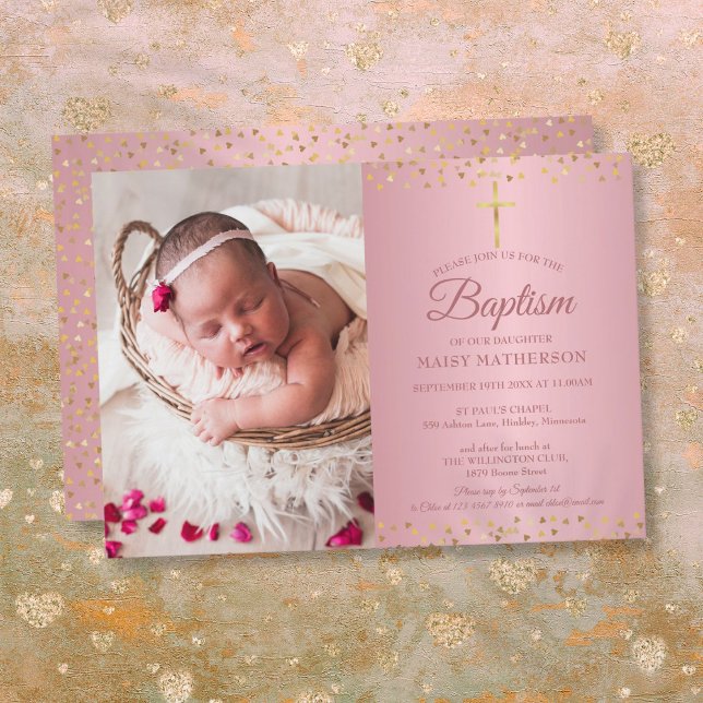 Baptism Christening Rose Gold Hearts Photo Invitation (Baptism Christening Rose Gold Hearts Photo Invitation)