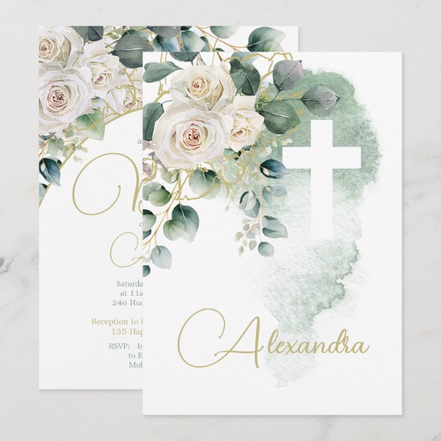 Baptism Christening Roses Green Religious Cross Invitation (Front/Back)