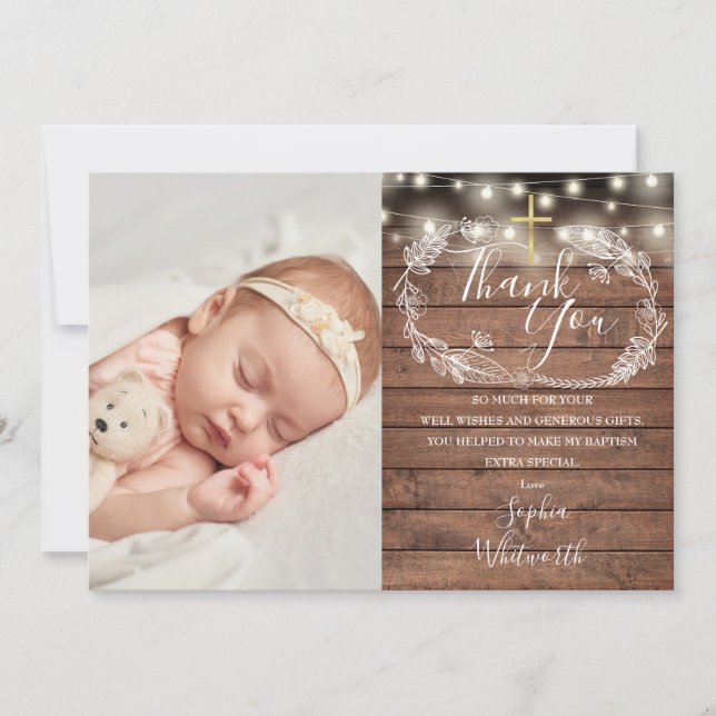 Baptism Christening Rustic String Lights Photo Thank You Card (Front)