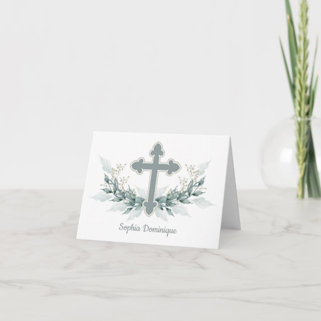 Baptism, Christening Sage Cross Thank You Notes (Front)