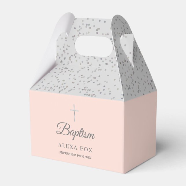 Baptism Christening Sliver Stardust Blush Pink Favor Box (Front Side)