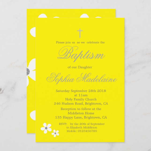 Baptism Christening Yellow Daisy Silver Girl Invitation (Front/Back)