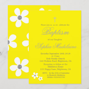 Baptism Christening Yellow Daisy Silver Girl Invitation