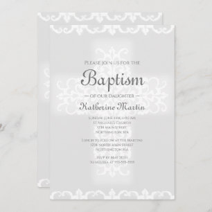 Baptism Christian Cross Grey Damask Girl Invitation