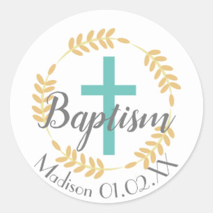 Baptism Circular Wreath and Cross Child's Name Classic Round Sticker