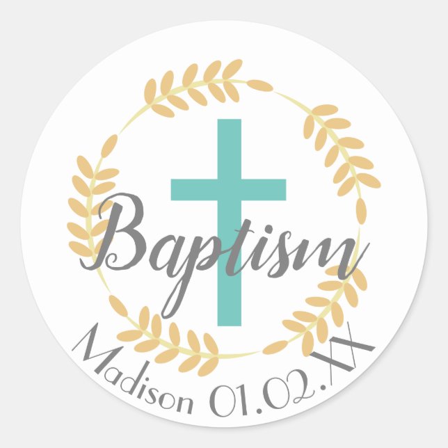 Baptism Circular Wreath and Cross Child's Name Classic Round Sticker (Front)