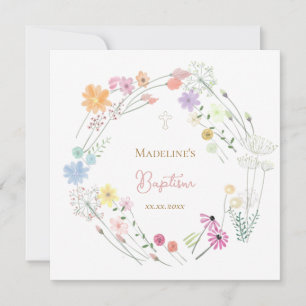 Baptism colorful wildflowers wreath invitation