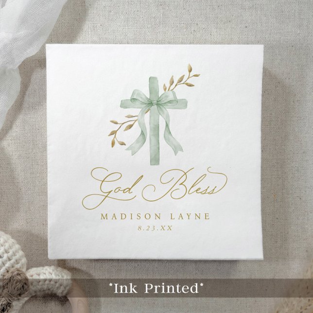 Baptism Communion Gold God Bless Bow Cross Napkin (Baptism napkin with sage green watercolor cross, bow, and gold script text)